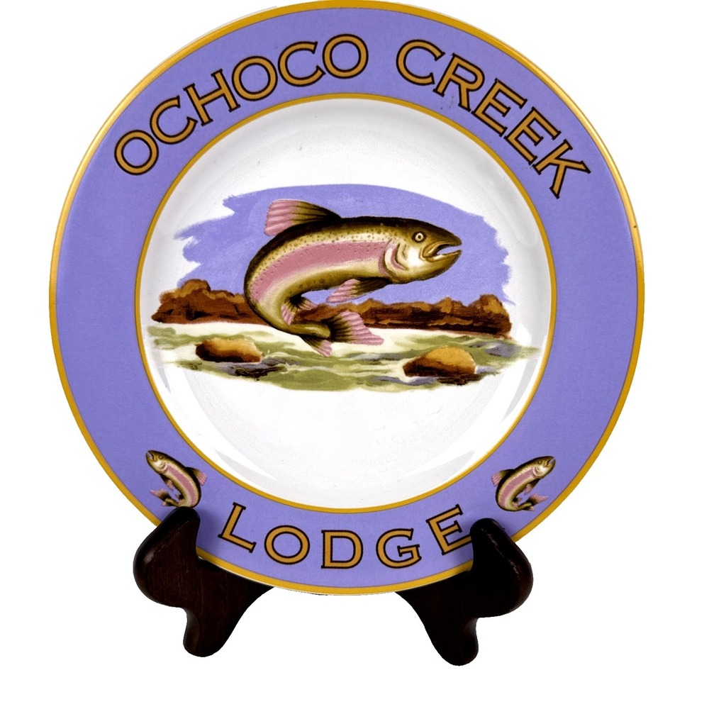 2 Sakura Hunting Lodge 8" Plates Rainbow Trout Rustic Cabin Fishermancore Decor